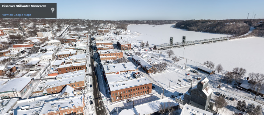 360 Winter View from Downtown Stillwater Minnesota's historic main street stairs